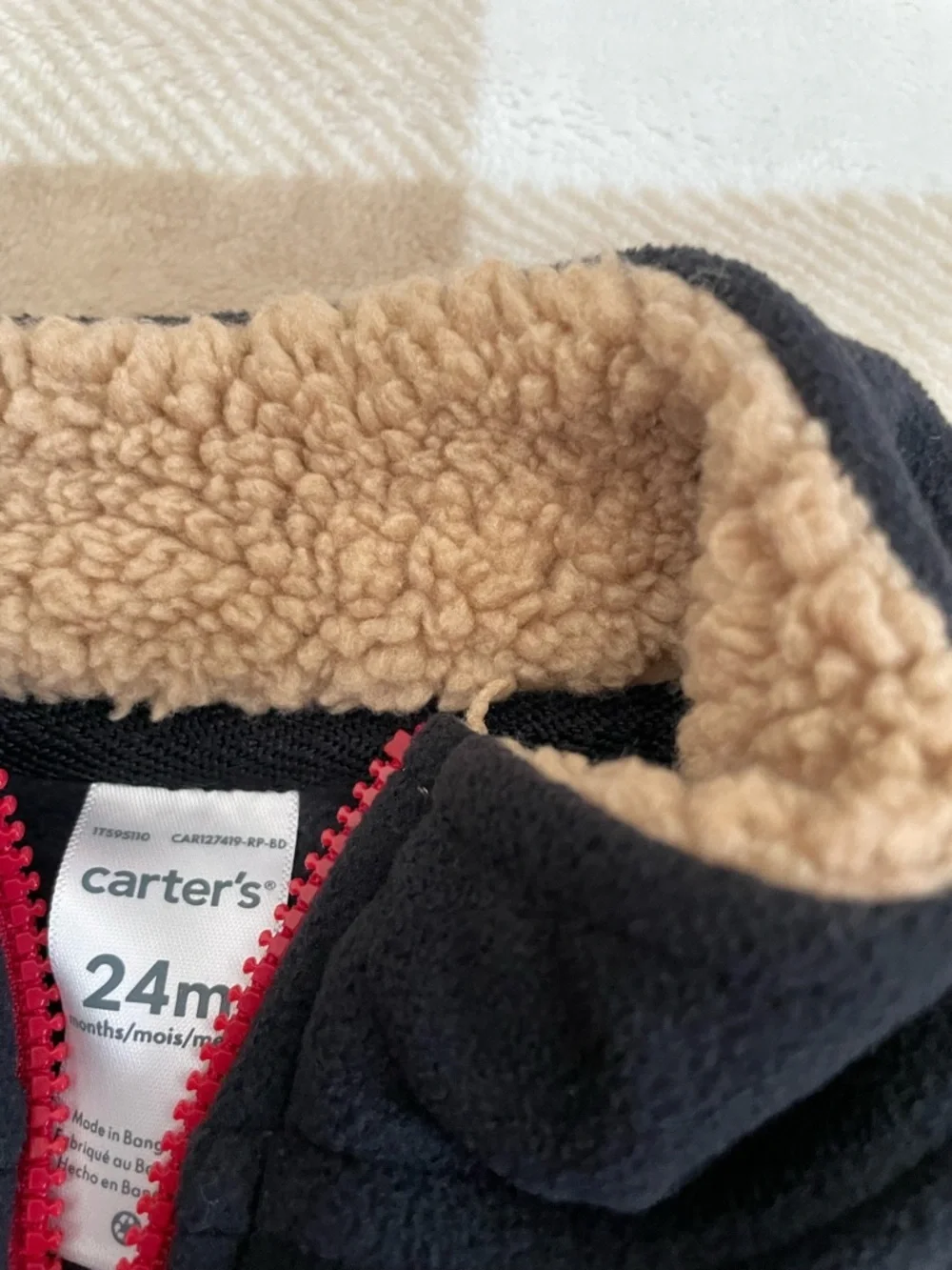 Carter's 18-24 Months Red and Black Fleece Vest with Tan Sherpa Collar EUC